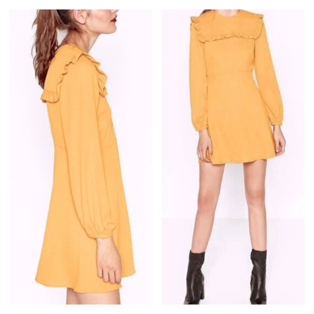 Zara Ruffle Mustard Mini Dress XS Yellow